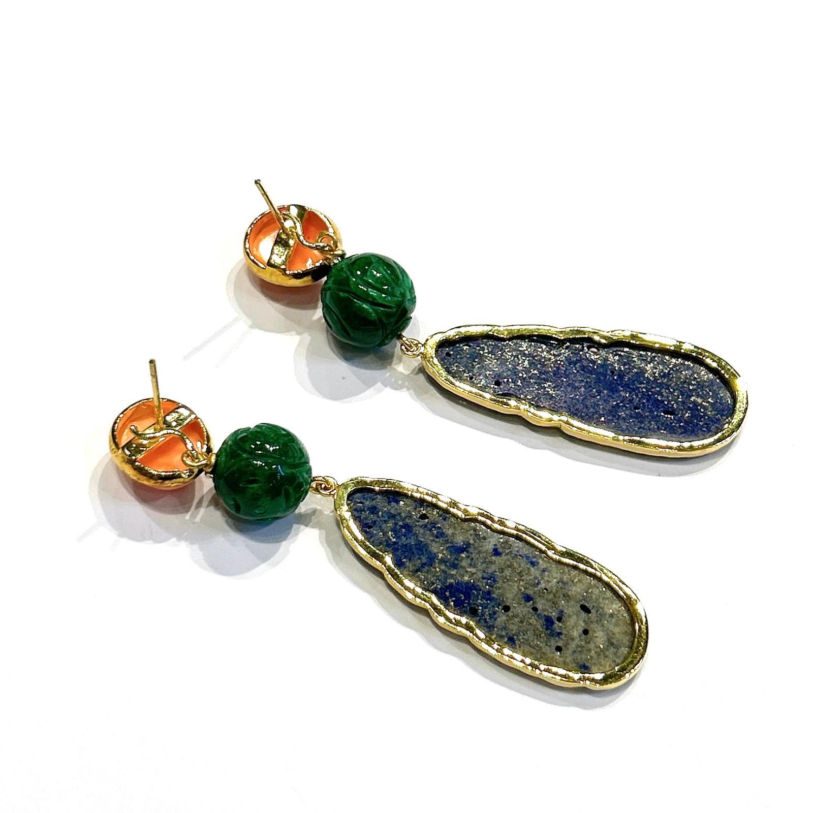 Baroque Bochic “Orient” Blue Lapis, Jade & Coral Earrings Set In 18K Gold & Silver For Sale