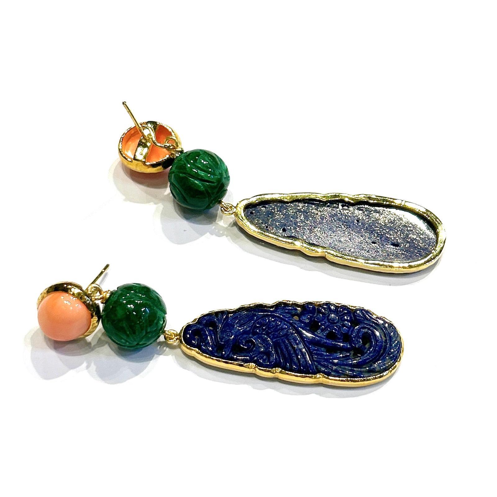 Antique Cushion Cut Bochic “Orient” Blue Lapis, Jade & Coral Earrings Set In 18K Gold & Silver For Sale