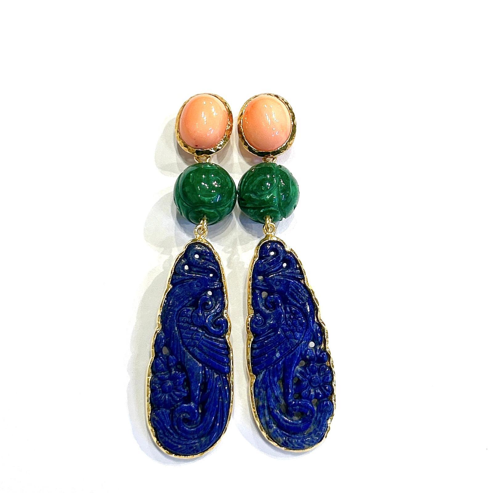 Bochic “Orient” Blue Lapis, Jade & Coral Earrings Set In 18K Gold & Silver In New Condition For Sale In New York, NY
