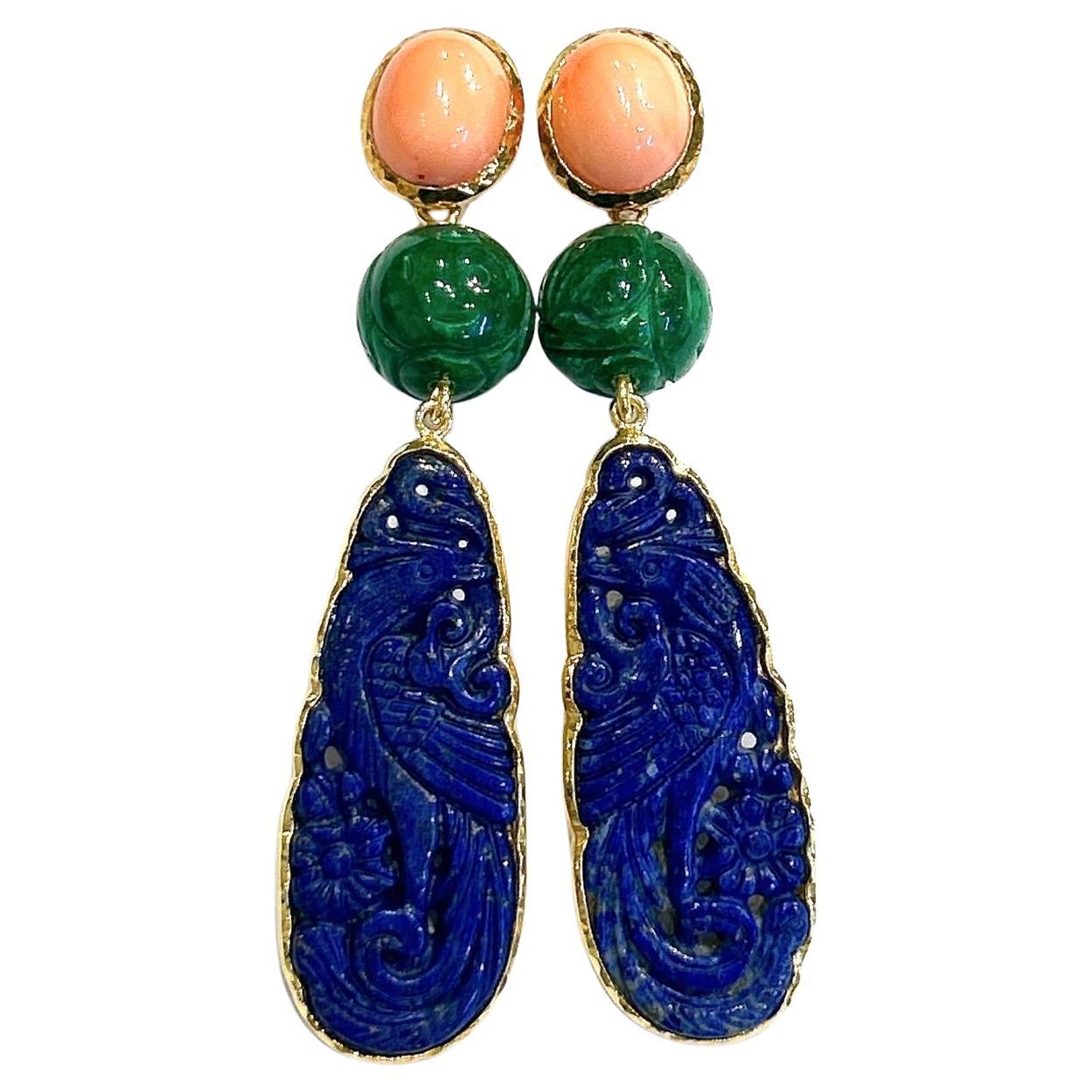 Bochic Orient-Ohrringe aus 18 Karat Gold und Silber mit blauem Lapislazuli, Jade und Koralle