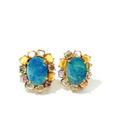 Bochic “Orient” Blue Opal & Multi Sapphires Earrings Set In 18K Gold & Silver