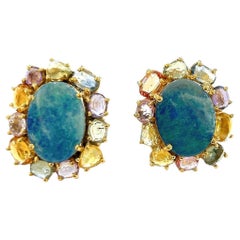 Boucles d'oreilles Bochic Orient en or et argent 18 carats serties d'opales bleues et de plusieurs saphirs