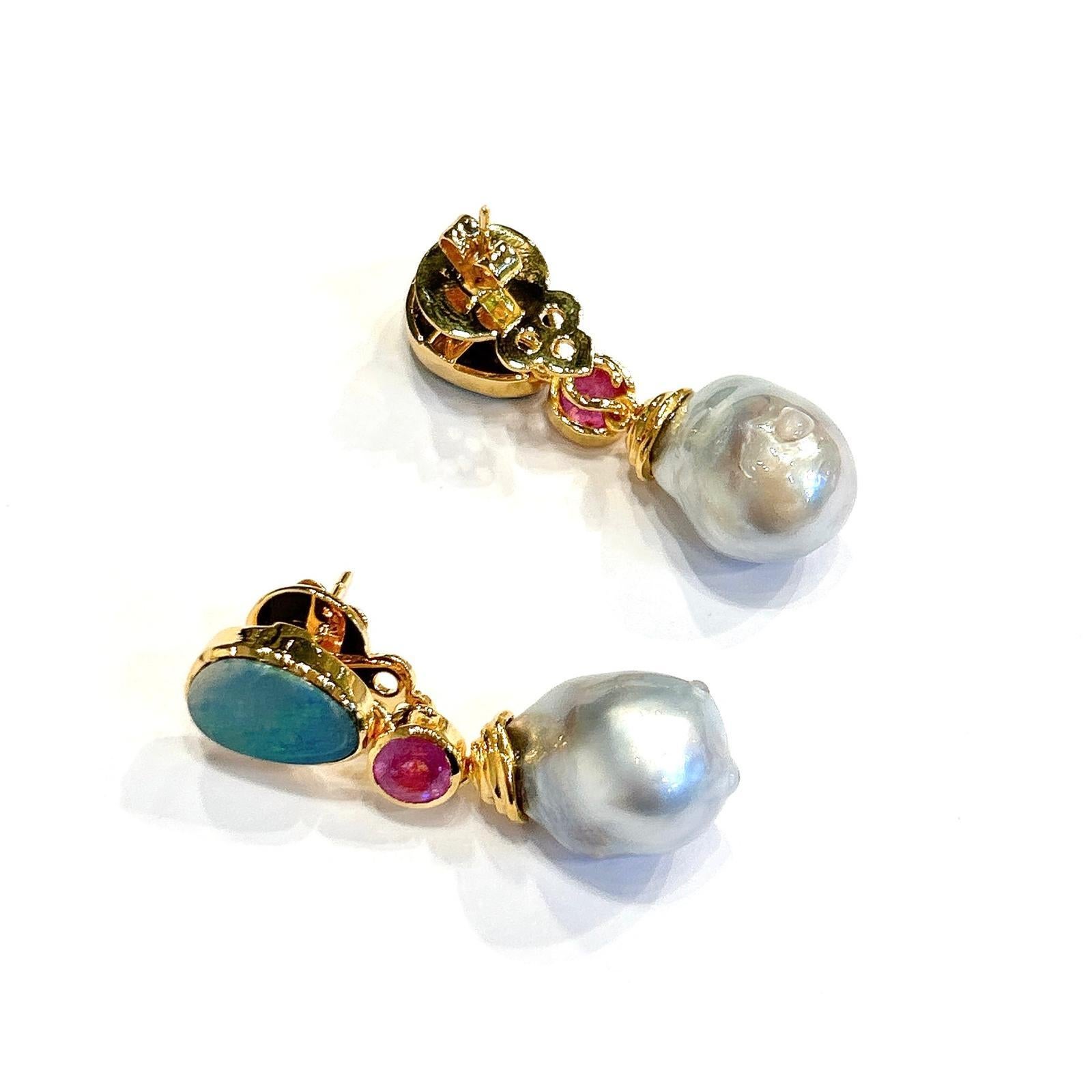 Baroque Bochic “Orient” Blue Opal, Pearl & Pink Ruby Earrings Set 18K Gold & Silver For Sale