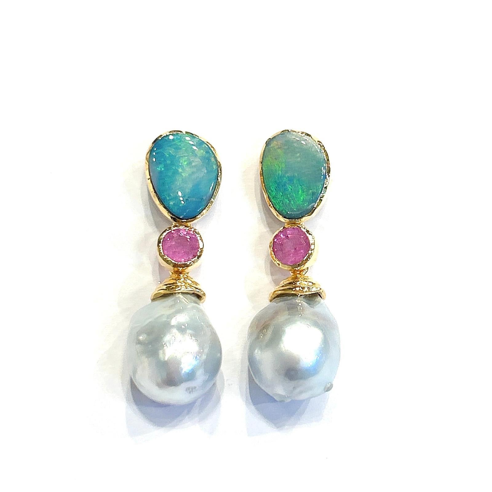 Bochic “Orient” Blue Opal, Pearl & Pink Ruby Earrings Set 18K Gold & Silver For Sale 1