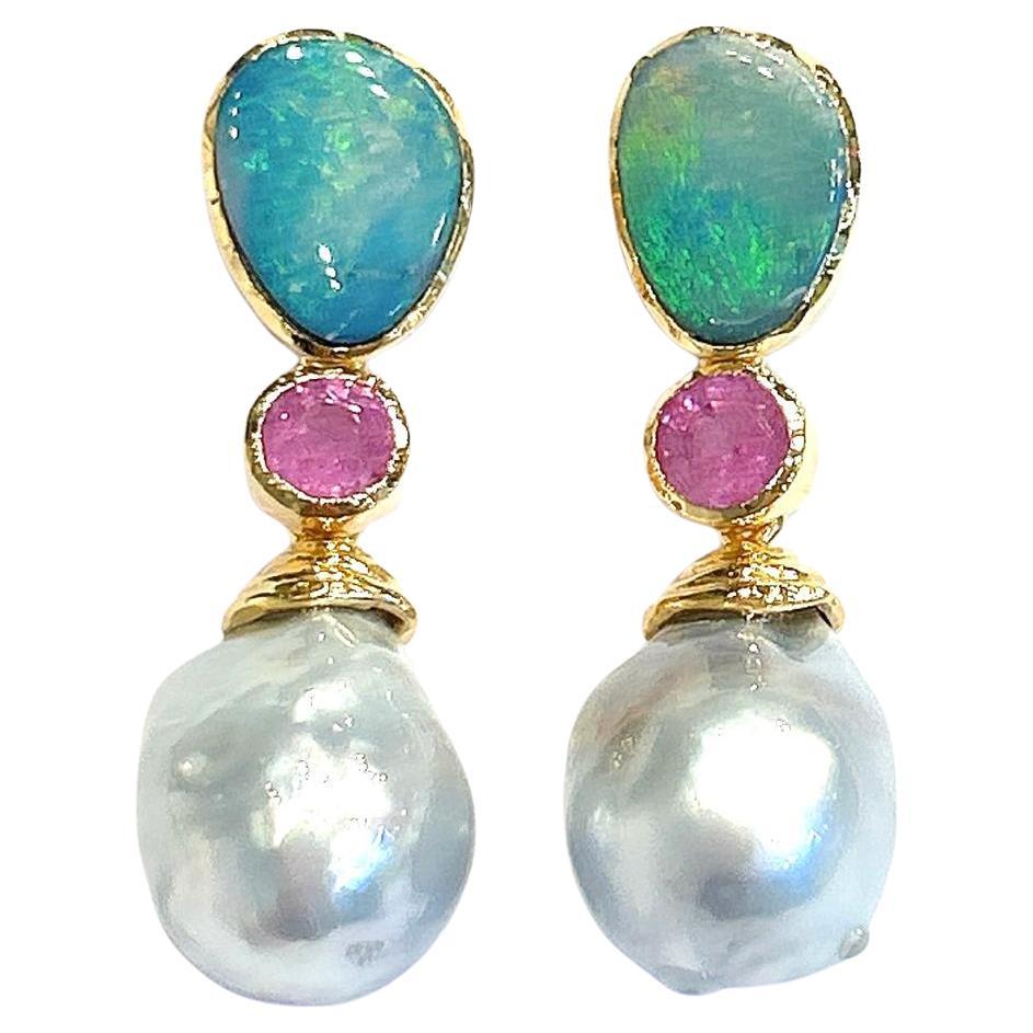 Bochic “Orient” Blue Opal, Pearl & Pink Ruby Earrings Set 18K Gold & Silver For Sale