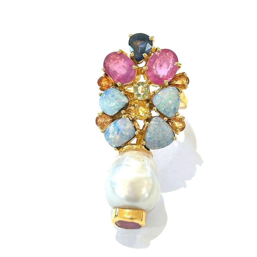 Bochic “Orient” Blue Opal, Red Rubies, Sapphire Cocktail Ring, 18K Gold & Silver In New Condition For Sale In New York, NY