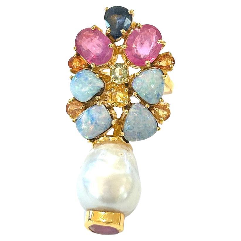 Bochic “Orient” Blue Opal, Red Rubies, Sapphire Cocktail Ring, 18K Gold & Silver For Sale