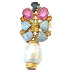 Bochic “Orient” Blue Opal, Red Rubies, Sapphire Cocktail Ring, 18K Gold & Silver