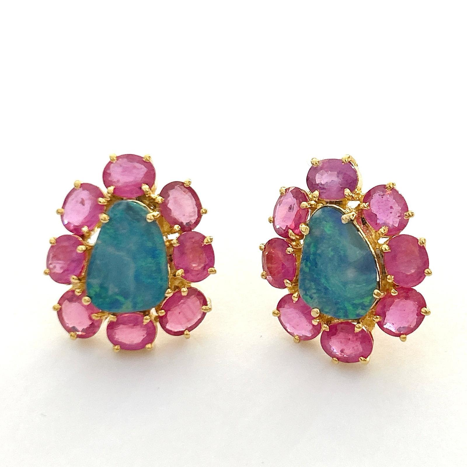 Oval Cut Bochic “Orient” Blue Opal & Red Ruby Earrings Set In 18K Gold & Silver  For Sale