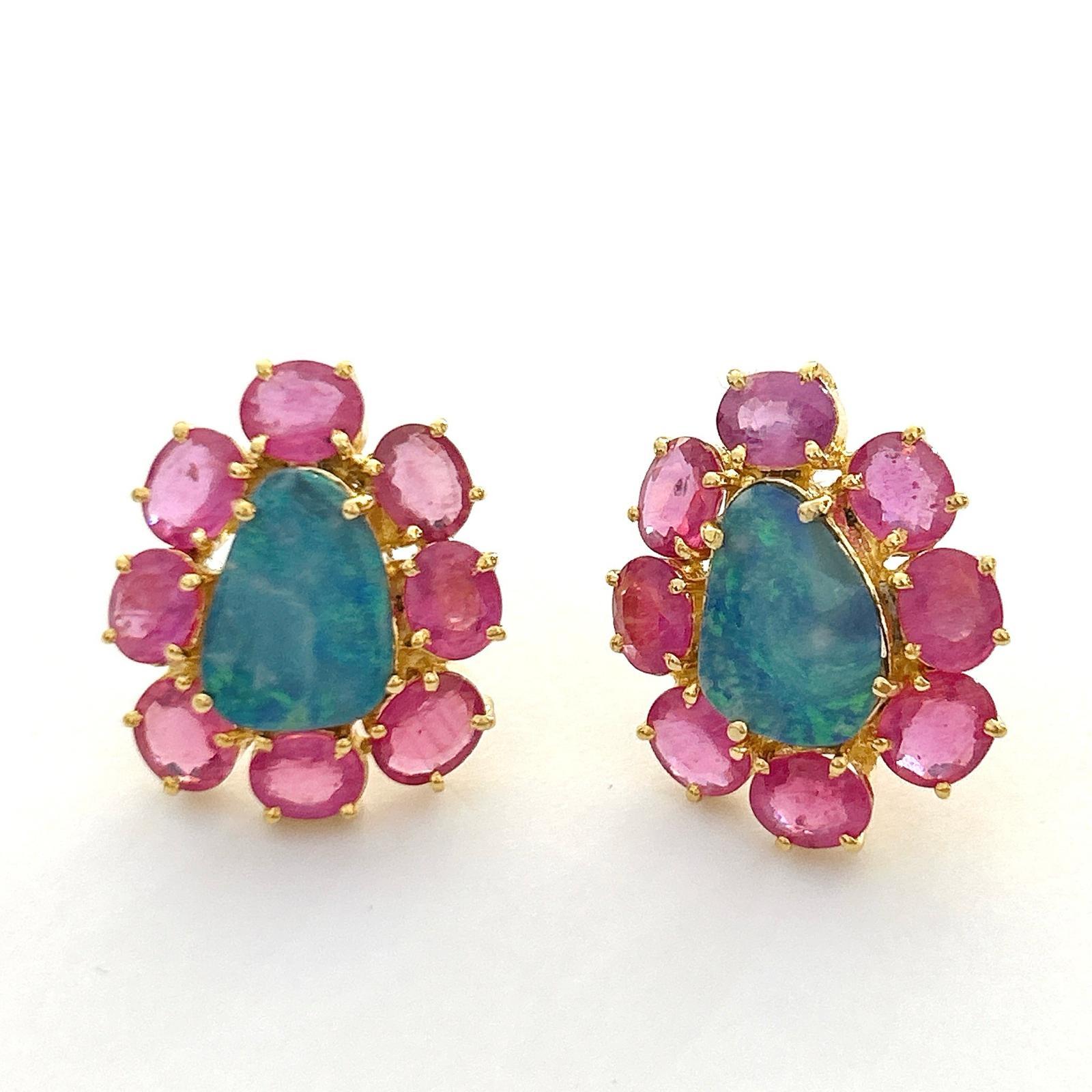 Oval Cut Bochic “Orient” Blue Opal & Red Ruby Earrings Set In 18K Gold & Silver For Sale