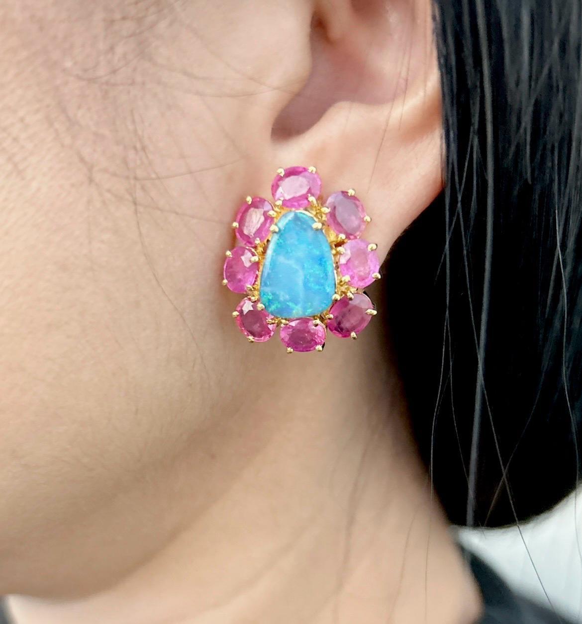 Bochic “Orient” Blue Opal & Red Ruby Earrings Set In 18K Gold & Silver  For Sale 2