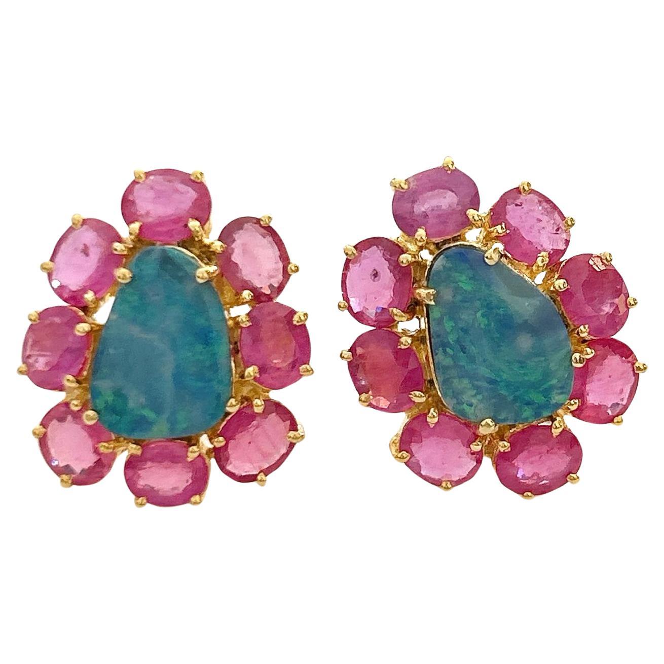 Bochic “Orient” Blue Opal & Red Ruby Earrings Set In 18K Gold & Silver  For Sale
