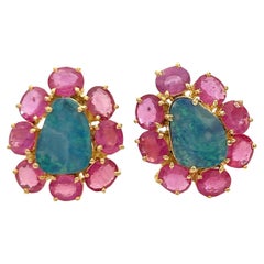 Bochic “Orient” Blue Opal & Red Ruby Earrings Set In 18K Gold & Silver 