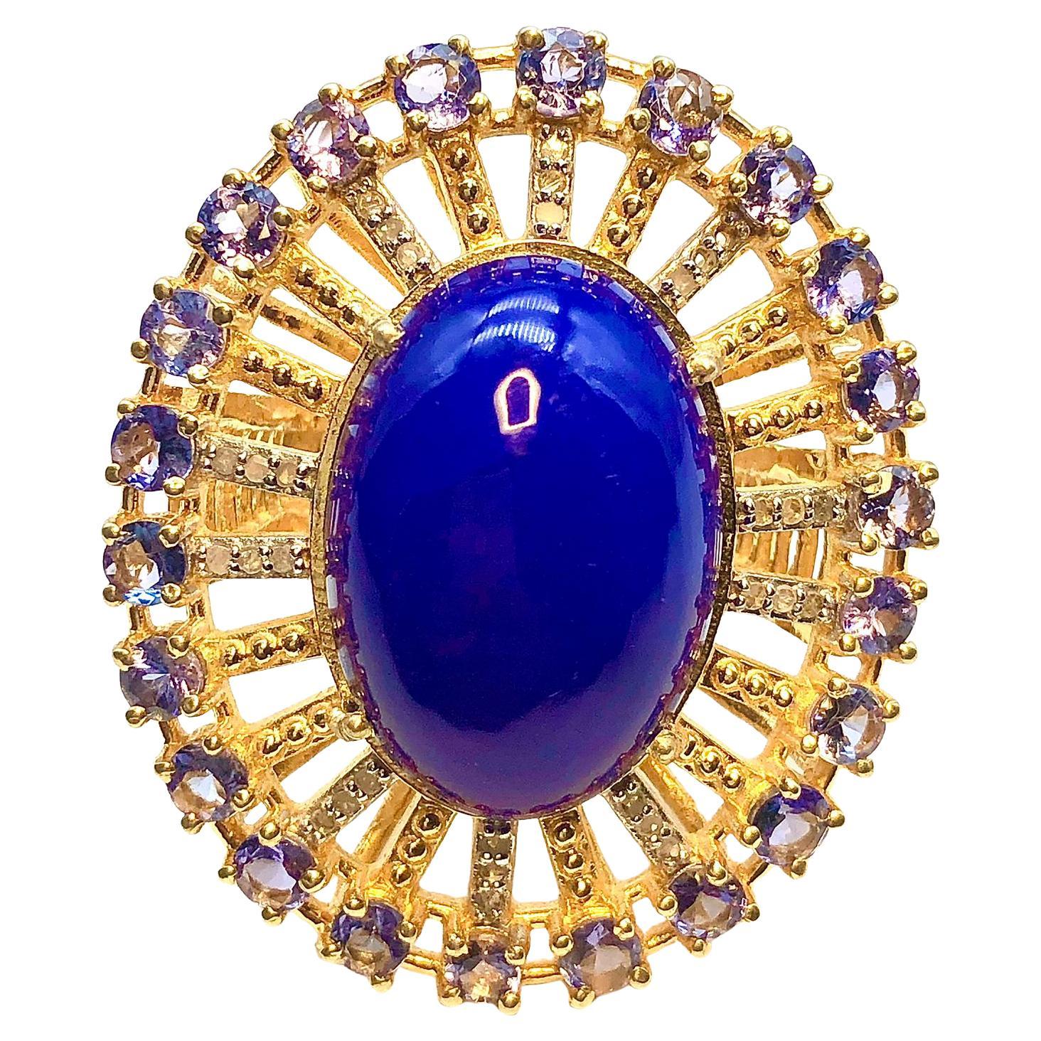 Anello Bochic "Orient" con opale blu, tanzanite e diamanti incastonati in oro e argento 18 carati