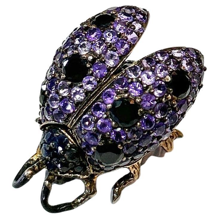 Bochic “Orient” Blue Sapphire & Amethyst Beetle Brooch Set 18K Gold & Silver