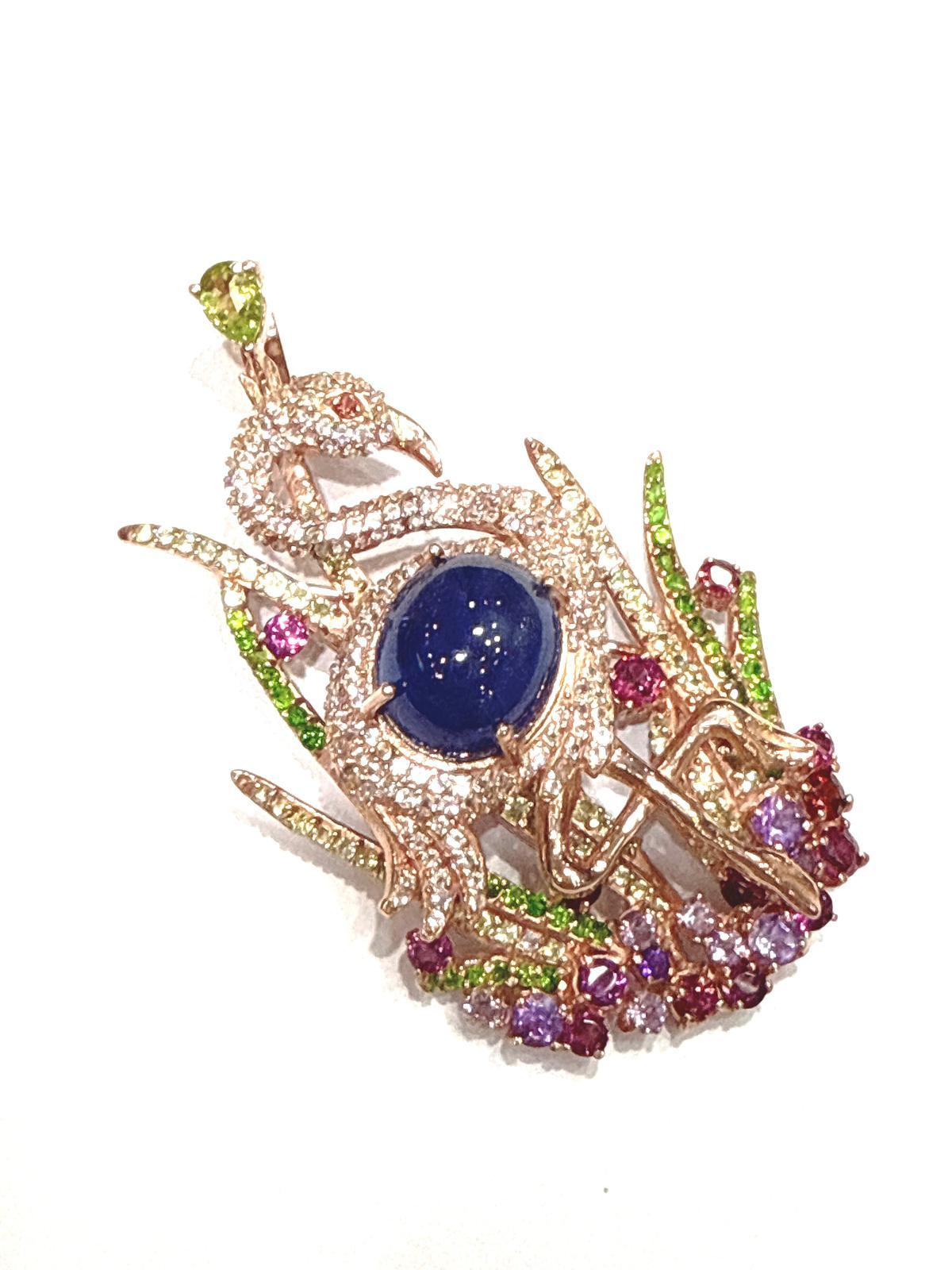 Baroque Bochic “Orient” Blue Sapphire, Amethyst & Peridot Brooch Set 18K Gold & Silver For Sale