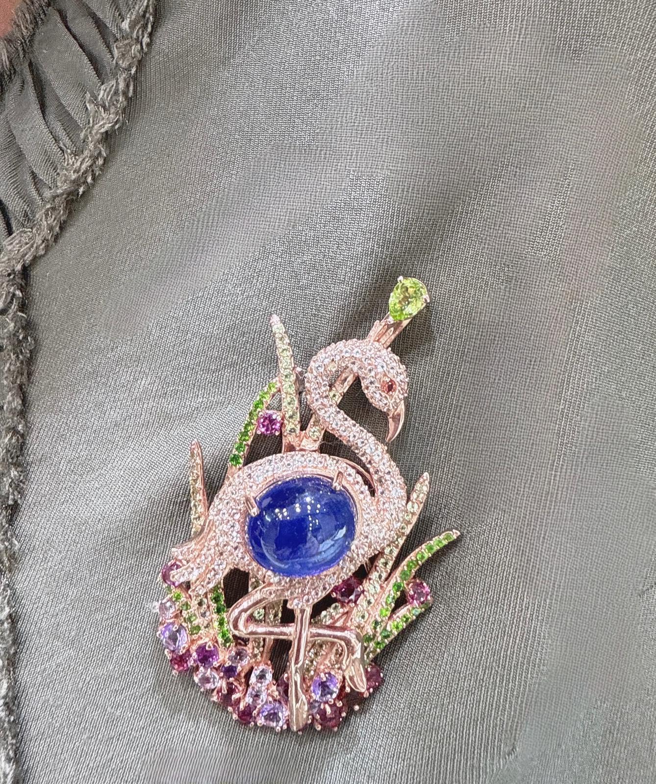 Women's or Men's Bochic “Orient” Blue Sapphire, Amethyst & Peridot Brooch Set 18K Gold & Silver For Sale
