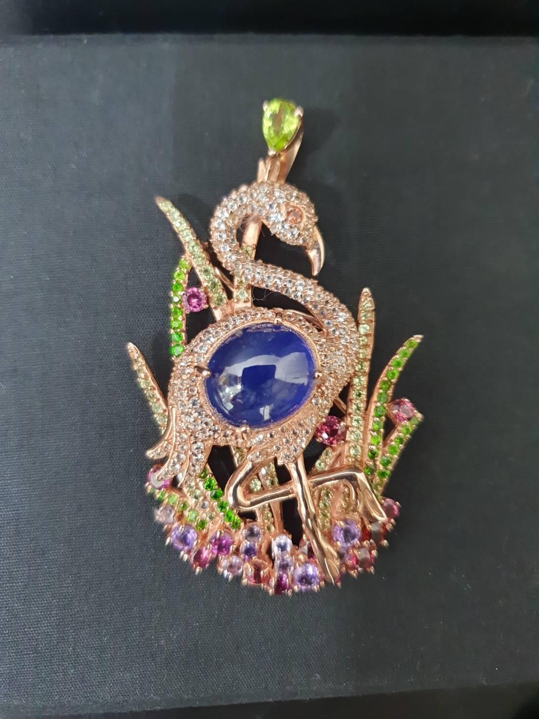 Bochic “Orient” Blue Sapphire, Amethyst & Peridot Brooch Set 18K Gold & Silver For Sale 2