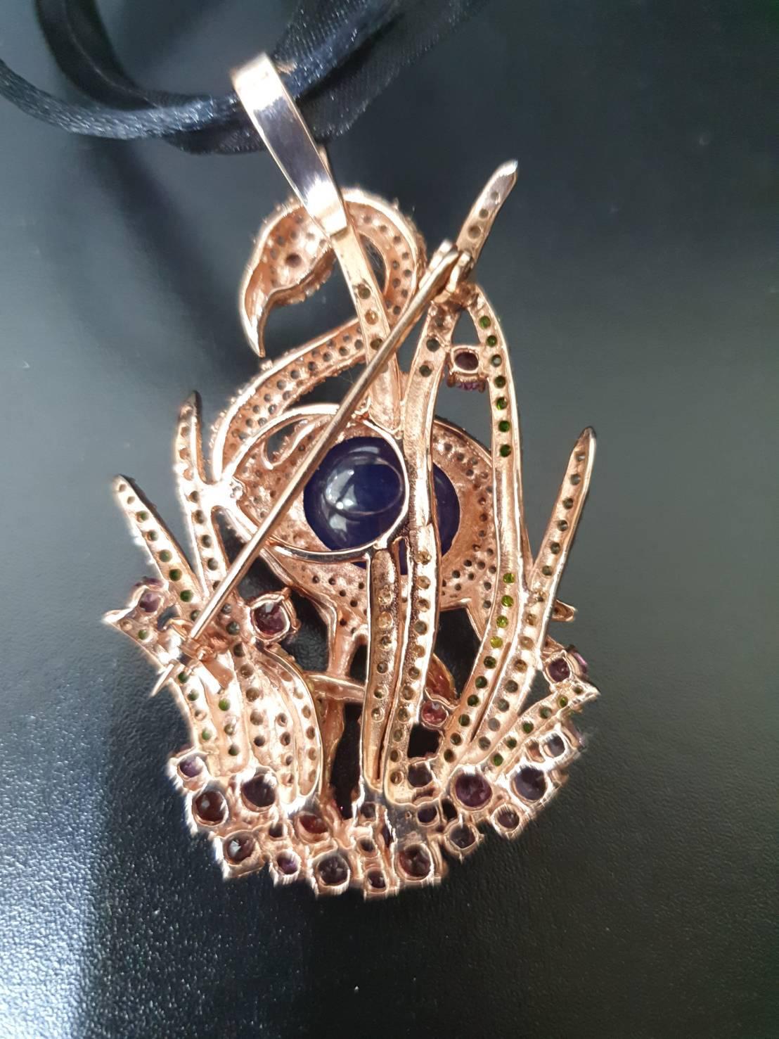 Bochic “Orient” Blue Sapphire, Amethyst & Peridot Brooch Set 18K Gold & Silver For Sale 3