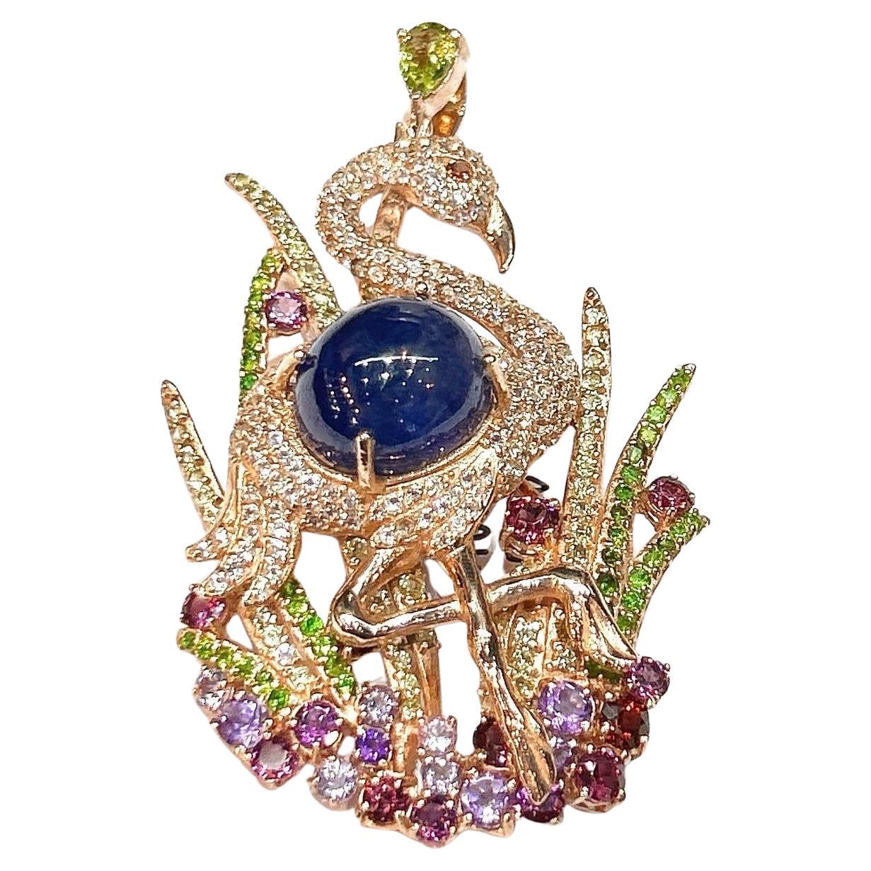 Bochic “Orient” Blue Sapphire, Amethyst & Peridot Brooch Set 18K Gold & Silver