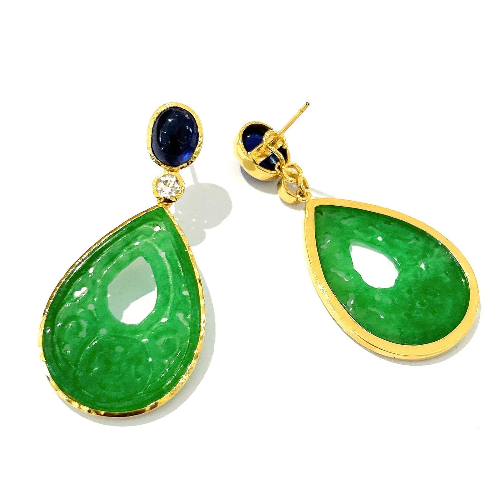 Baroque Bochic “Orient” Blue Sapphire & Jade Earrings set in 18K Gold & Silver For Sale