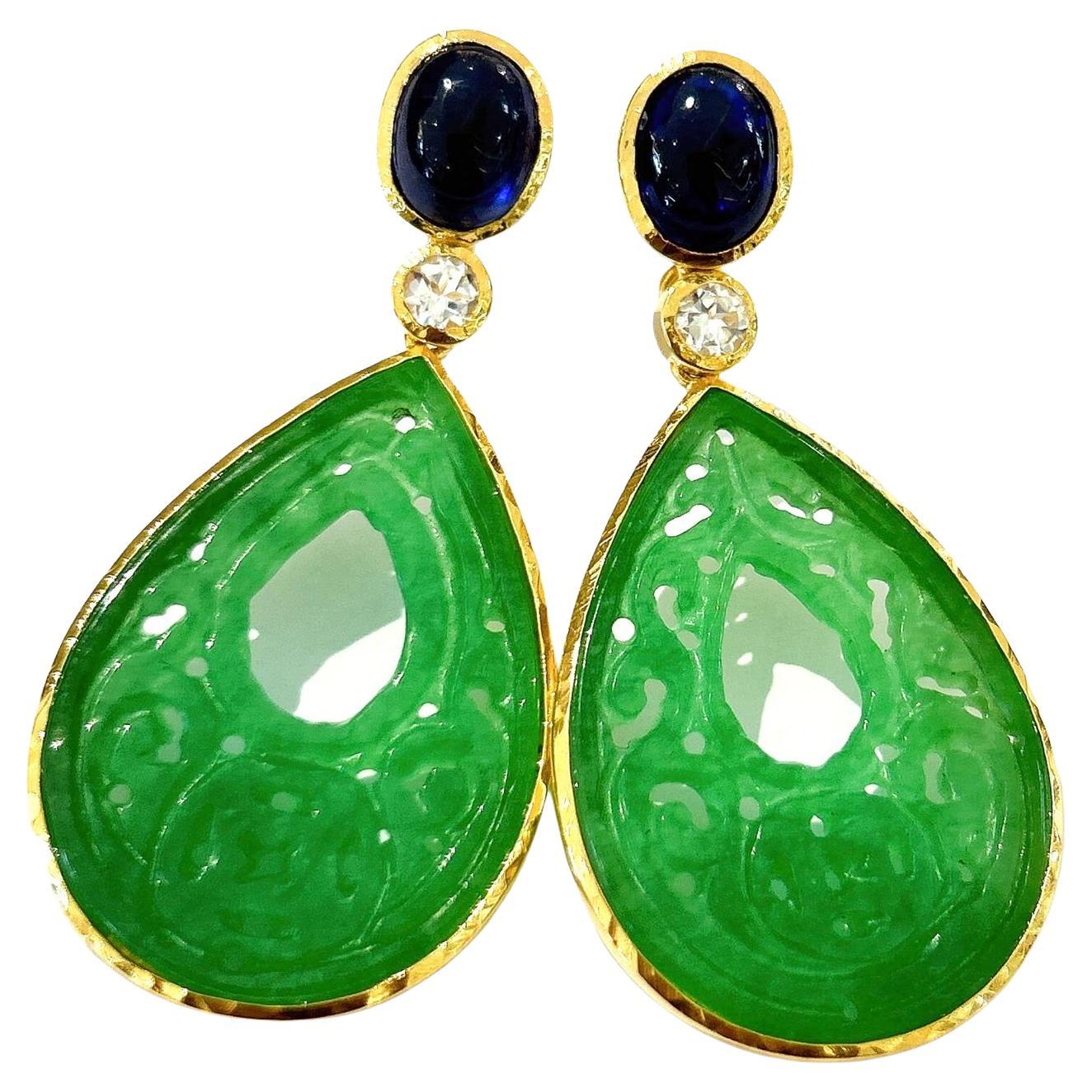 Bochic “Orient” Blue Sapphire & Jade Earrings set in 18K Gold & Silver