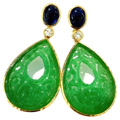 Bochic “Orient” Blue Sapphire & Jade Earrings set in 18K Gold & Silver