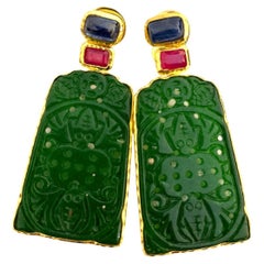 Bochic “Orient” Blue Sapphire, Jade & Ruby Earrings set in 18K Gold & Silver