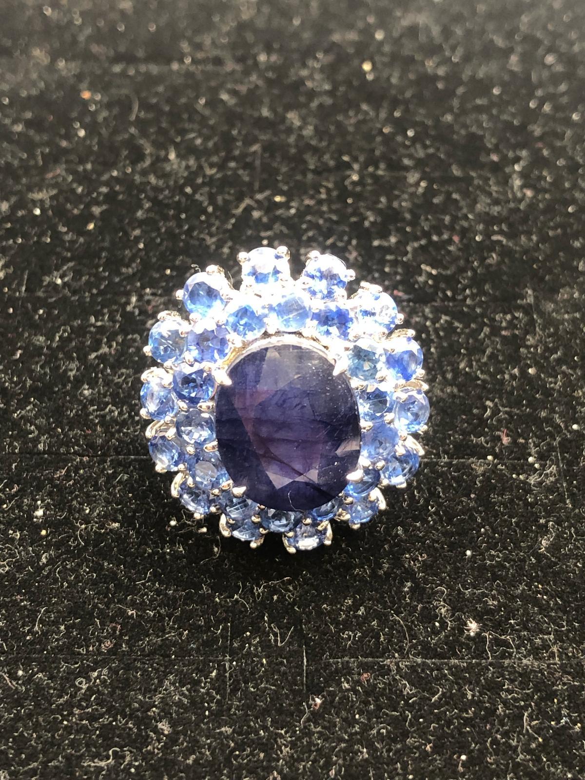 Bochic “Orient” Blue Sapphire & Kyanite Cocktail Ring Set In 18K White Gold & Silver 

Natural Blue Oval Shape Sapphire - 12.50 Carat 
Natural Round Brilliant Cut Multi Blue Color Kyanite
14.00 Carat

This Ring is from the 