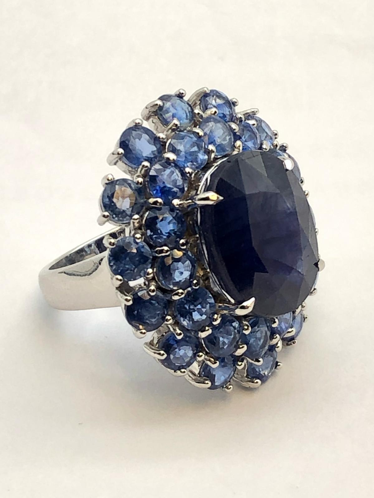 Art Deco Bochic “Orient” Blue Sapphire & Kyanite Cocktail Ring Set In 18K Gold & Silver For Sale