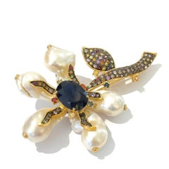 Bochic "Orient" Blue Sapphire & Multi Fancy Sapphires Brooch 18K Gold & Silver