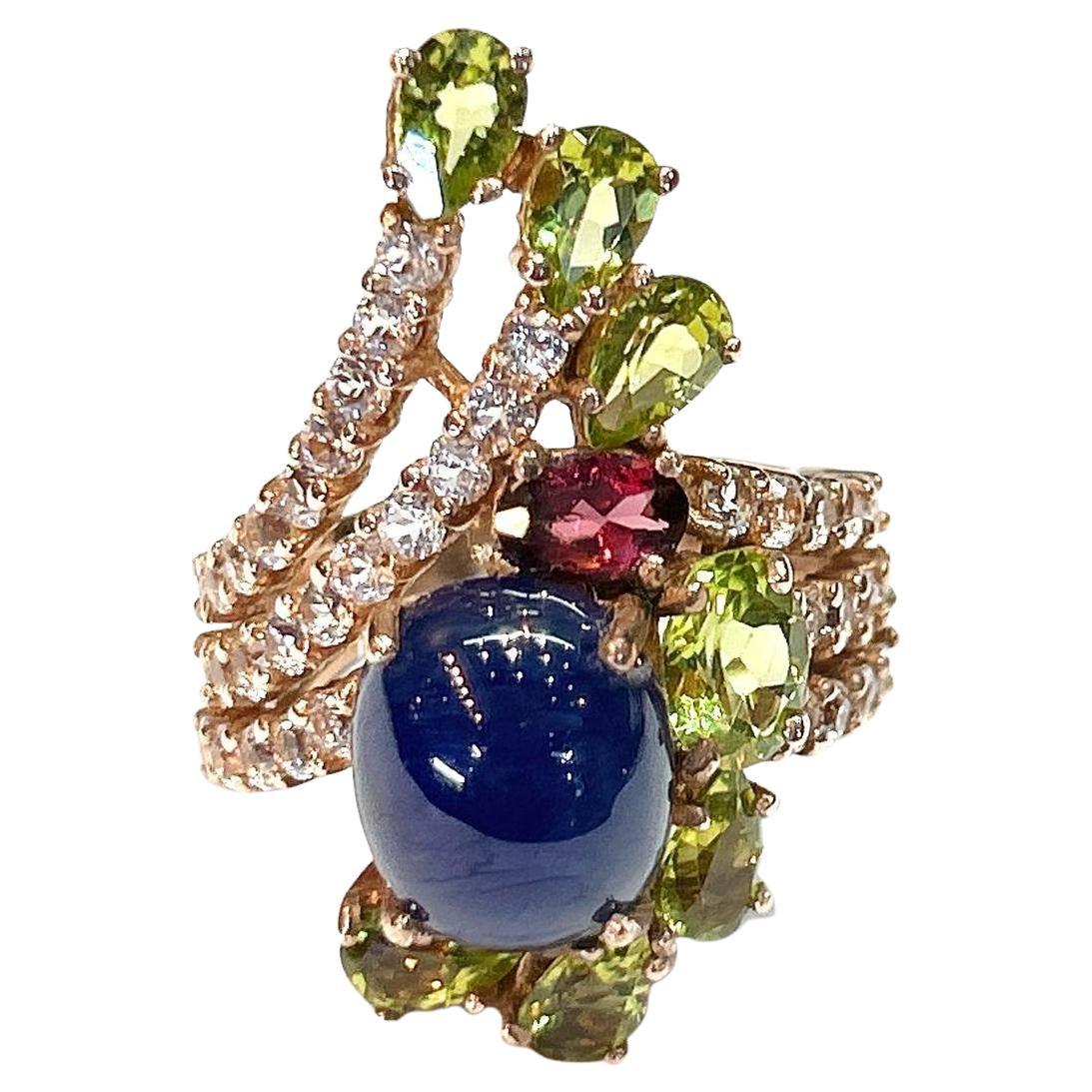 Bochic “Orient” Blue Sapphire & Multi Gem Cocktail Ring In 18K Gold & Silver