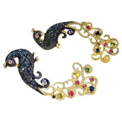 Bochic “Orient” Blue Sapphire & Multi Gem Peacock Earrings 18K Gold & Silver