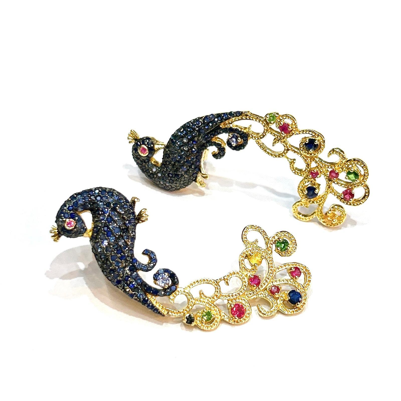 Bochic “Orient” Blue Sapphire & Multi Gem Peacock Earrings 18K Gold & Silver In New Condition For Sale In New York, NY