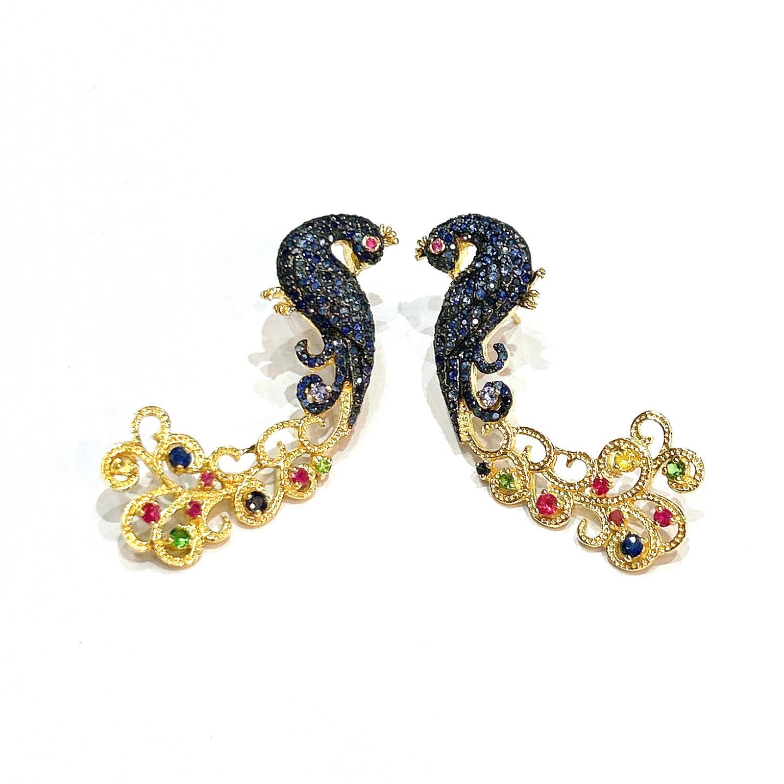Women's Bochic “Orient” Blue Sapphire & Multi Gem Peacock Earrings 18K Gold & Silver For Sale