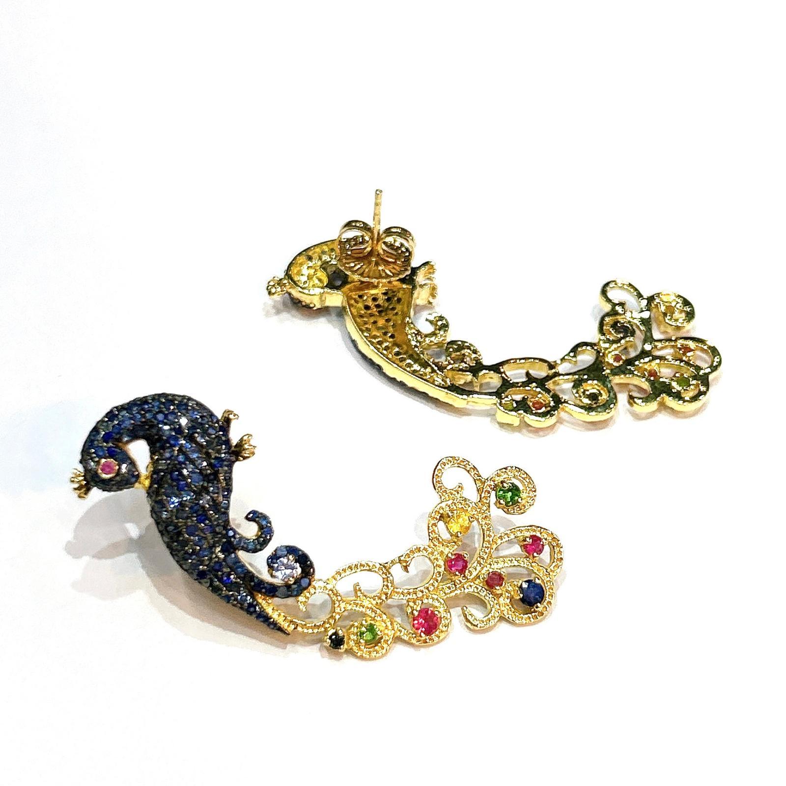 Bochic “Orient” Blue Sapphire & Multi Gem Peacock Earrings 18K Gold & Silver For Sale 1