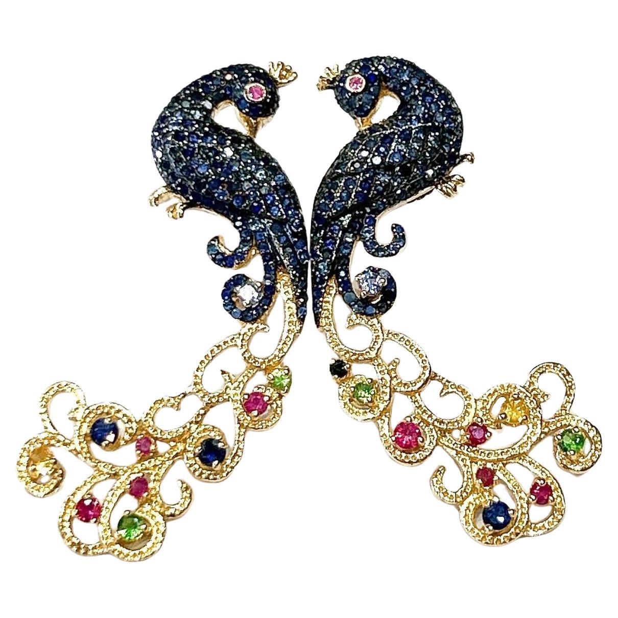 Bochic “Orient” Blue Sapphire & Multi Gem Peacock Earrings 18K Gold & Silver For Sale