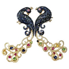 Bochic Boucles d'oreilles "Orient" Saphir bleu et paon multi-gemmes Or et Argent 18K