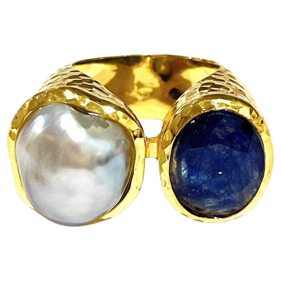 Bochic "Orient", zaffiro blu e perla vintage, set di anelli a 2 gemme in argento e 18 carati