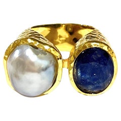 Bochic Orient Blue Sapphire & Pearl Vintage 2 Gem Ring Set 18K & Silver