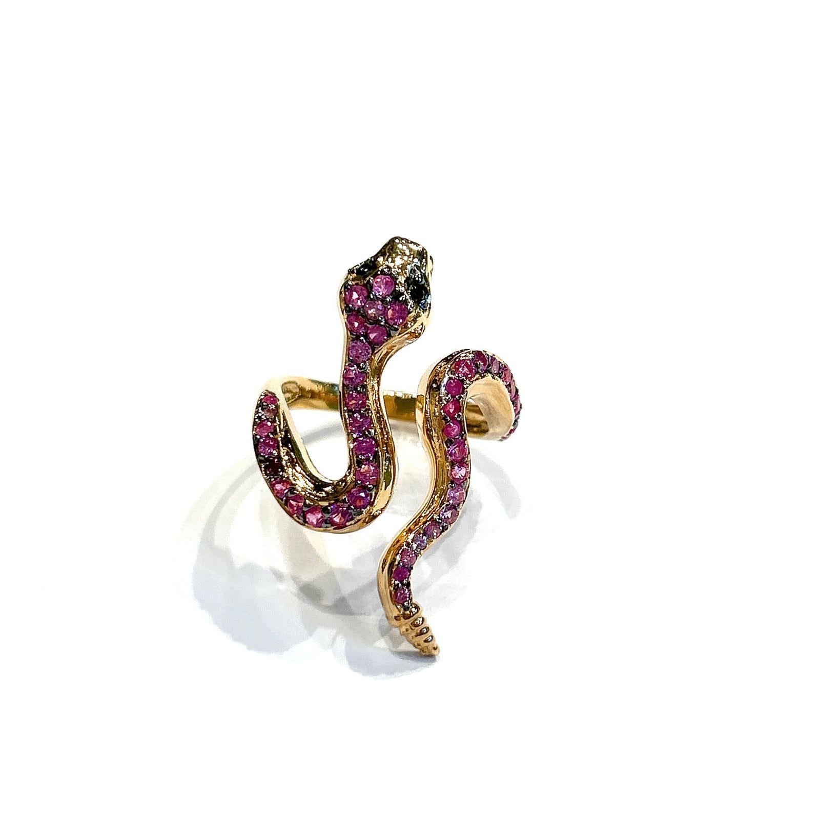 Classical Greek Bochic “Orient” Blue Sapphire & Red Ruby Serpent Ring In 18K Gold & Silver For Sale