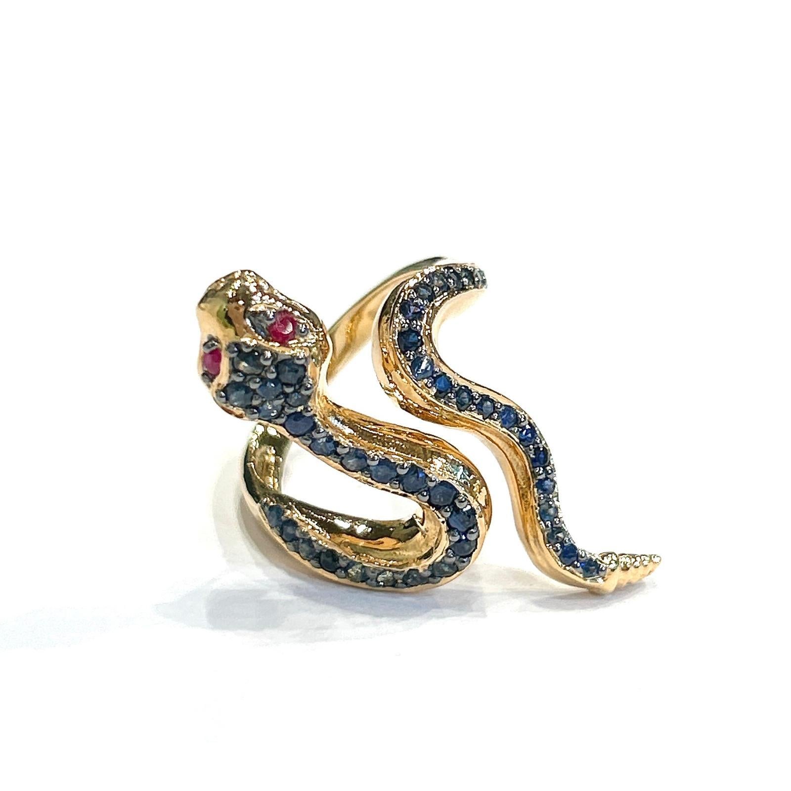 Brilliant Cut Bochic “Orient” Blue Sapphire & Red Ruby Serpent Ring In 18K Gold & Silver