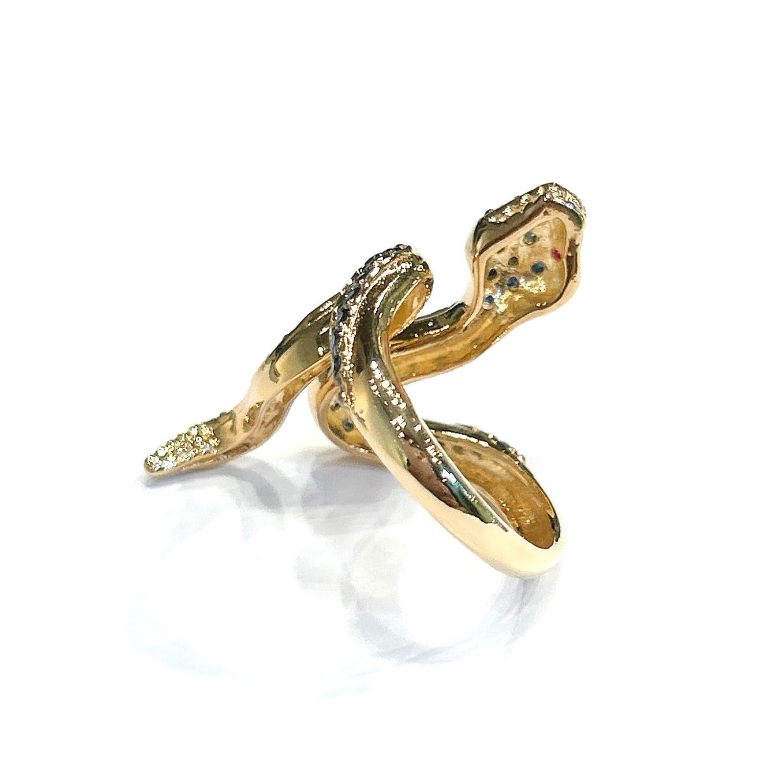 Bochic “Orient” Blue Sapphire & Red Ruby Serpent Ring In 18K Gold & Silver In New Condition For Sale In New York, NY