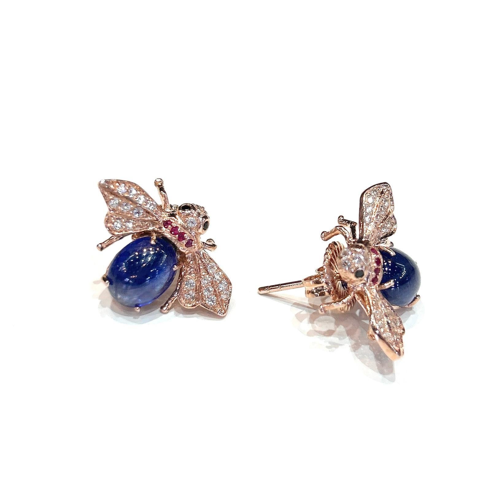 Art Nouveau Bochic “Orient” Blue Sapphire & Ruby Earrings Set In 18K Yellow Gold & Silver