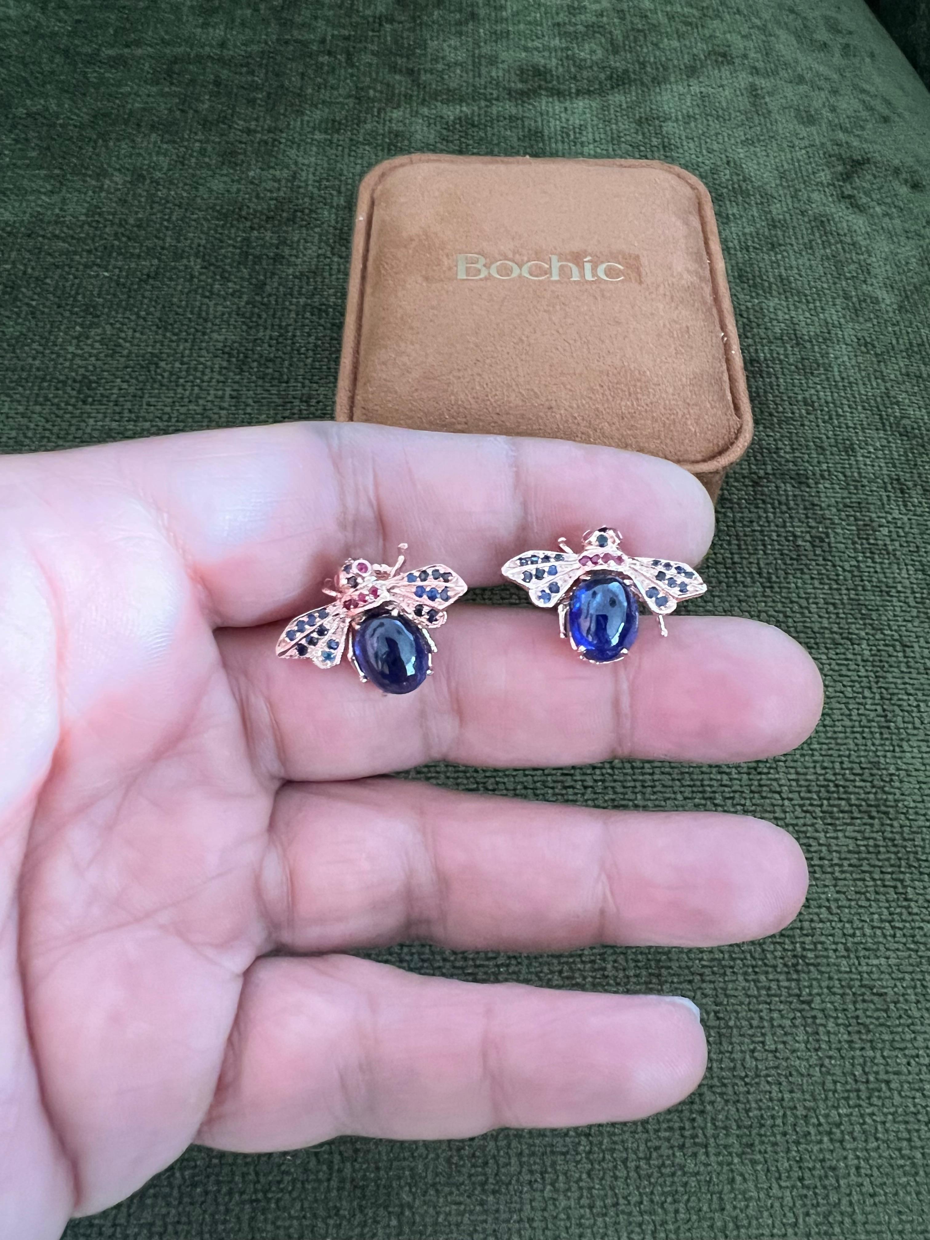 Bochic Orient-Ohrringe aus 18 Karat Gelbgold und Silber mit blauem Saphir und Rubin für Damen oder Herren im Angebot
