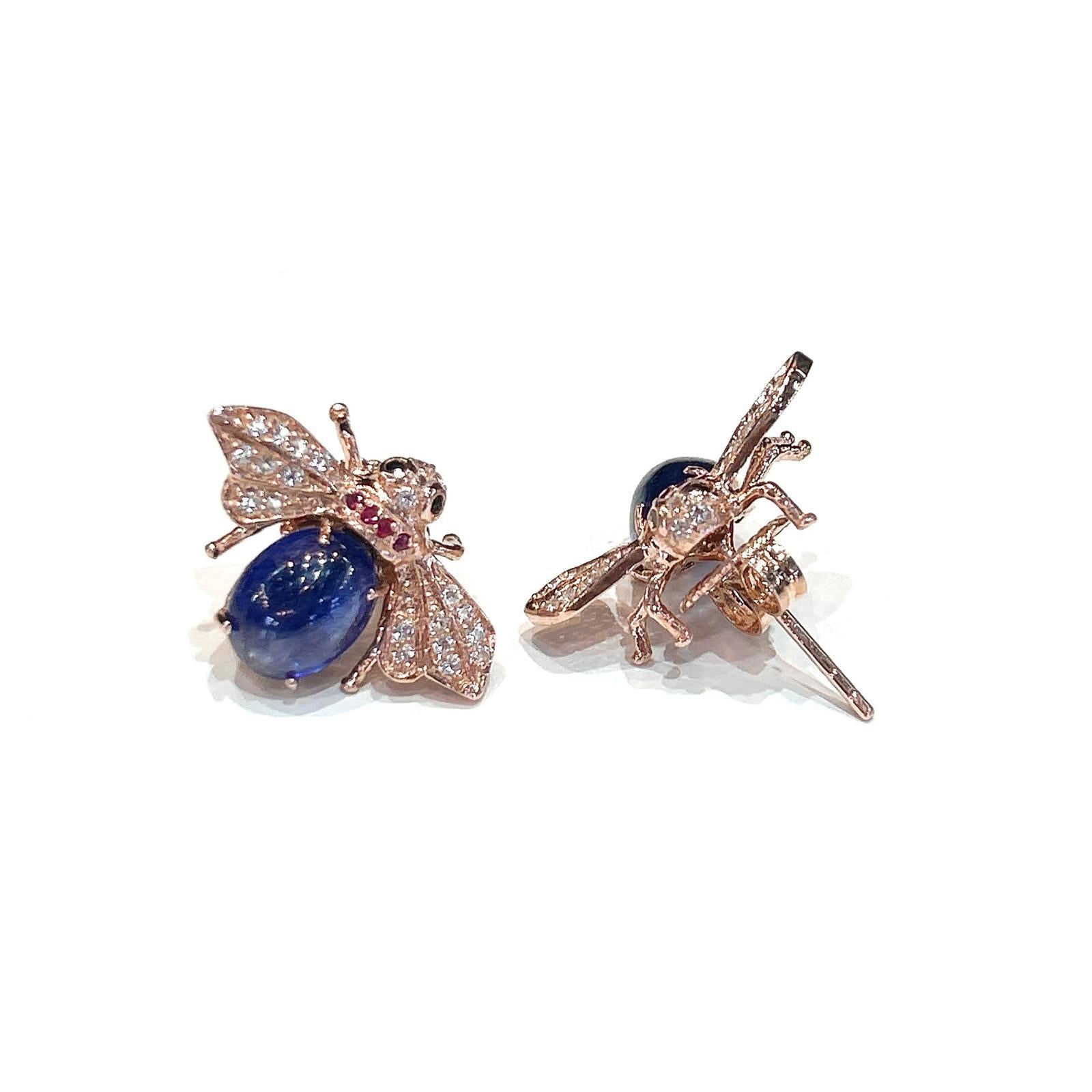 Women's or Men's Bochic “Orient” Blue Sapphire & Ruby Earrings Set In 18K Yellow Gold & Silver