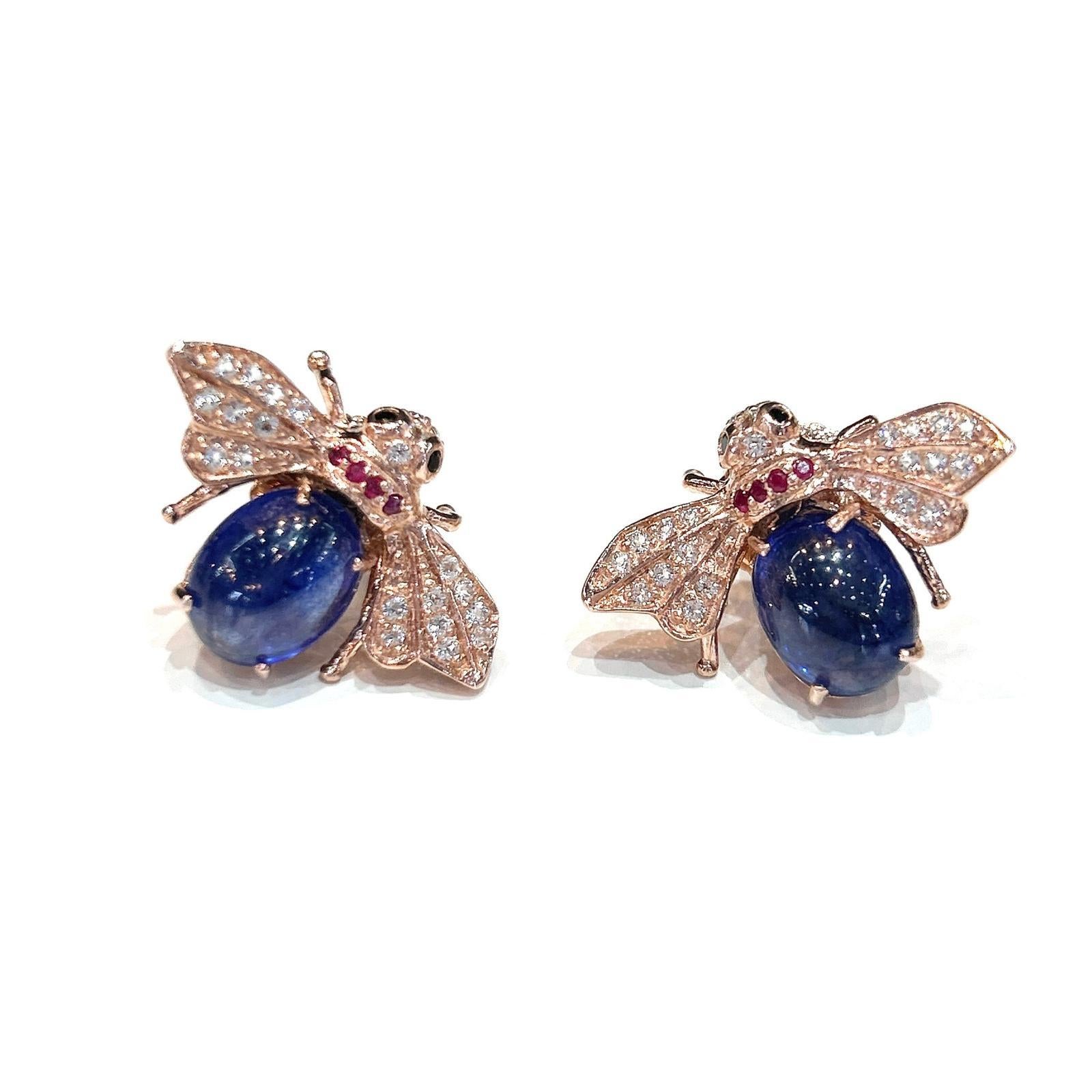 Bochic “Orient” Blue Sapphire & Ruby Earrings Set In 18K Yellow Gold & Silver 2
