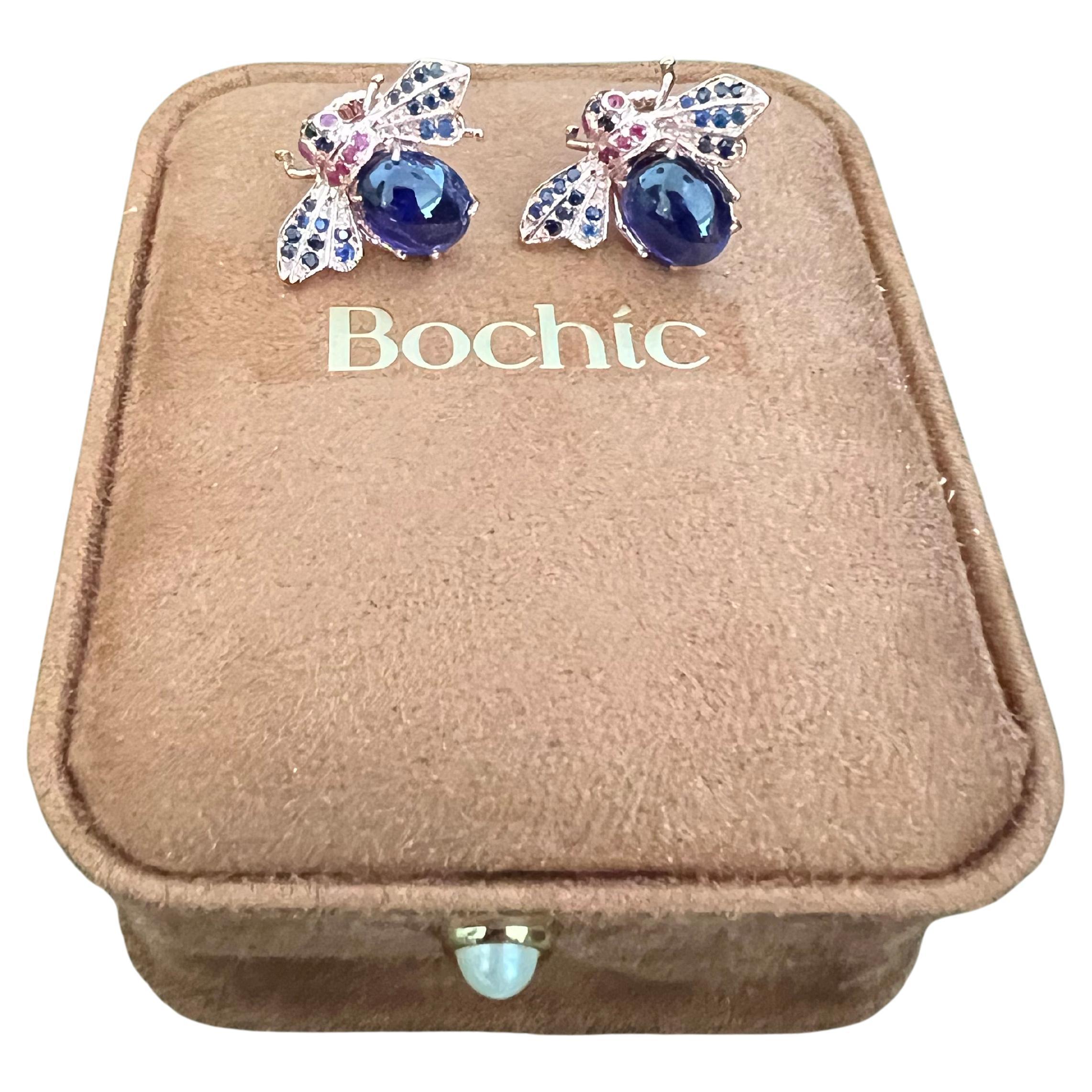 Bochic Orient-Ohrringe aus 18 Karat Gelbgold und Silber mit blauem Saphir und Rubin im Angebot