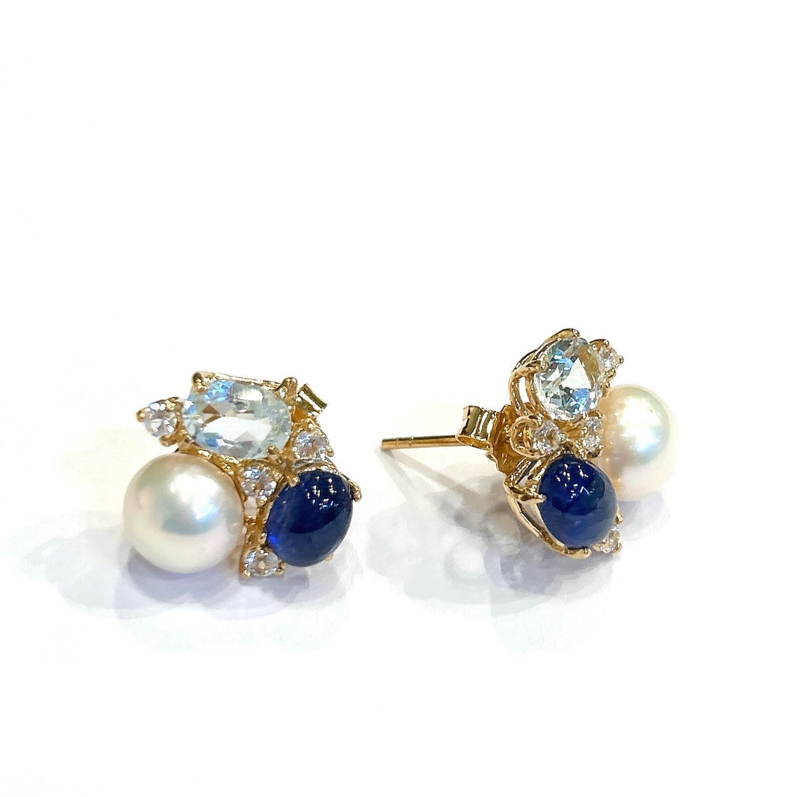 Bochic “Orient” Blue Sapphire, Topaz & Pearl Earrings Set In 18K Gold & Silver For Sale 5