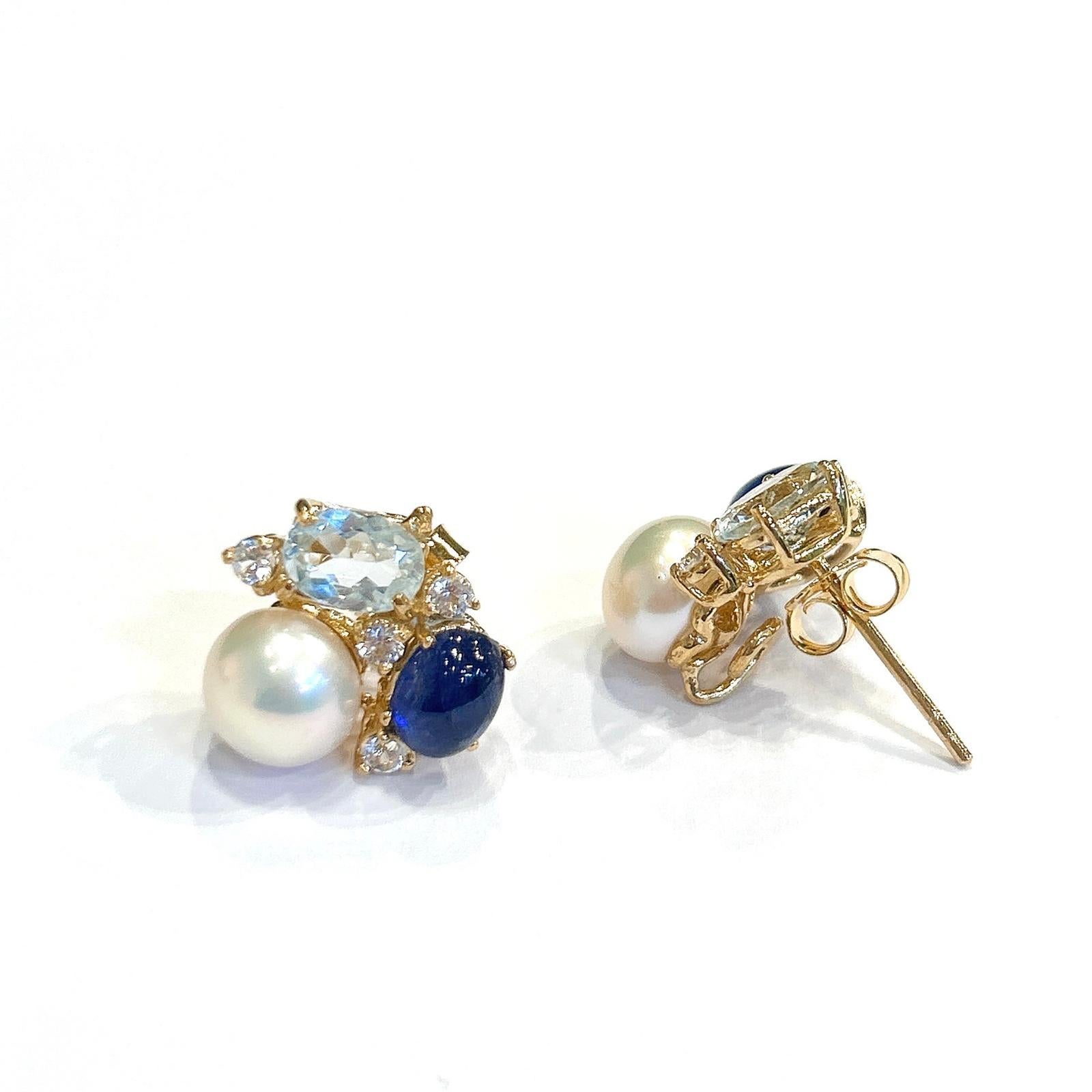 Baroque Bochic “Orient” Blue Sapphire, Topaz & Pearl Earrings Set In 18K Gold & Silver For Sale